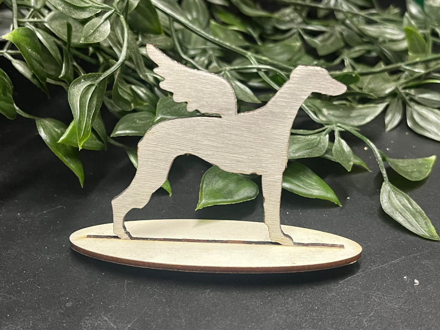 greyhound with angel wing wood ornament